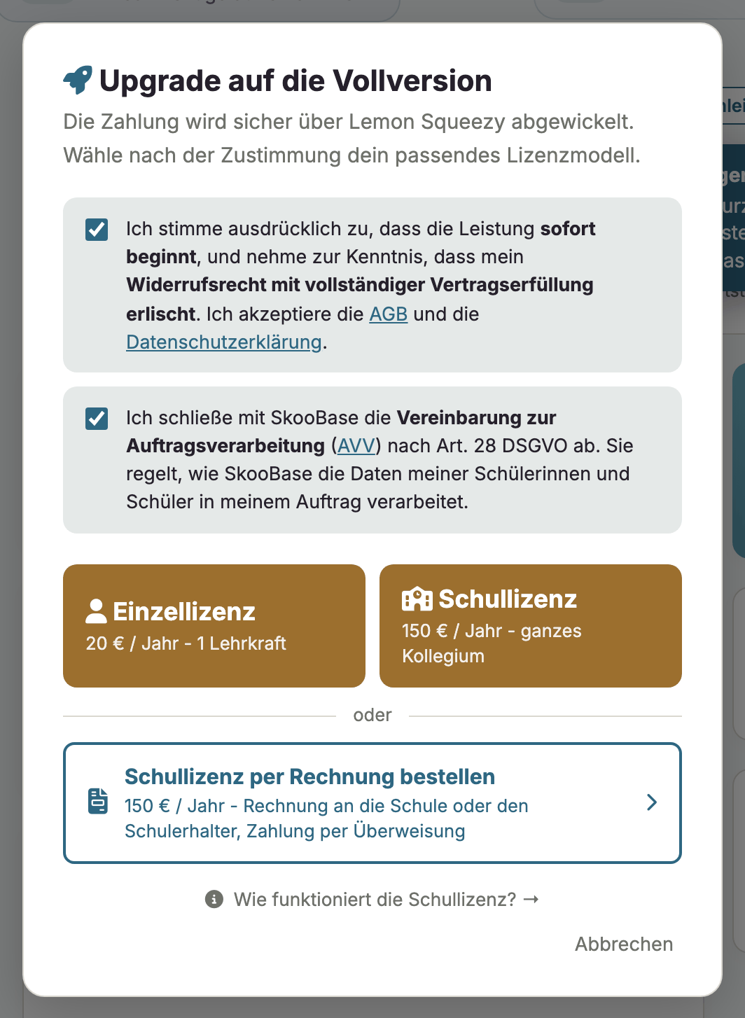 Upgrade-Dialog mit Einzellizenz, Schullizenz und dem Knopf Schullizenz per Rechnung bestellen