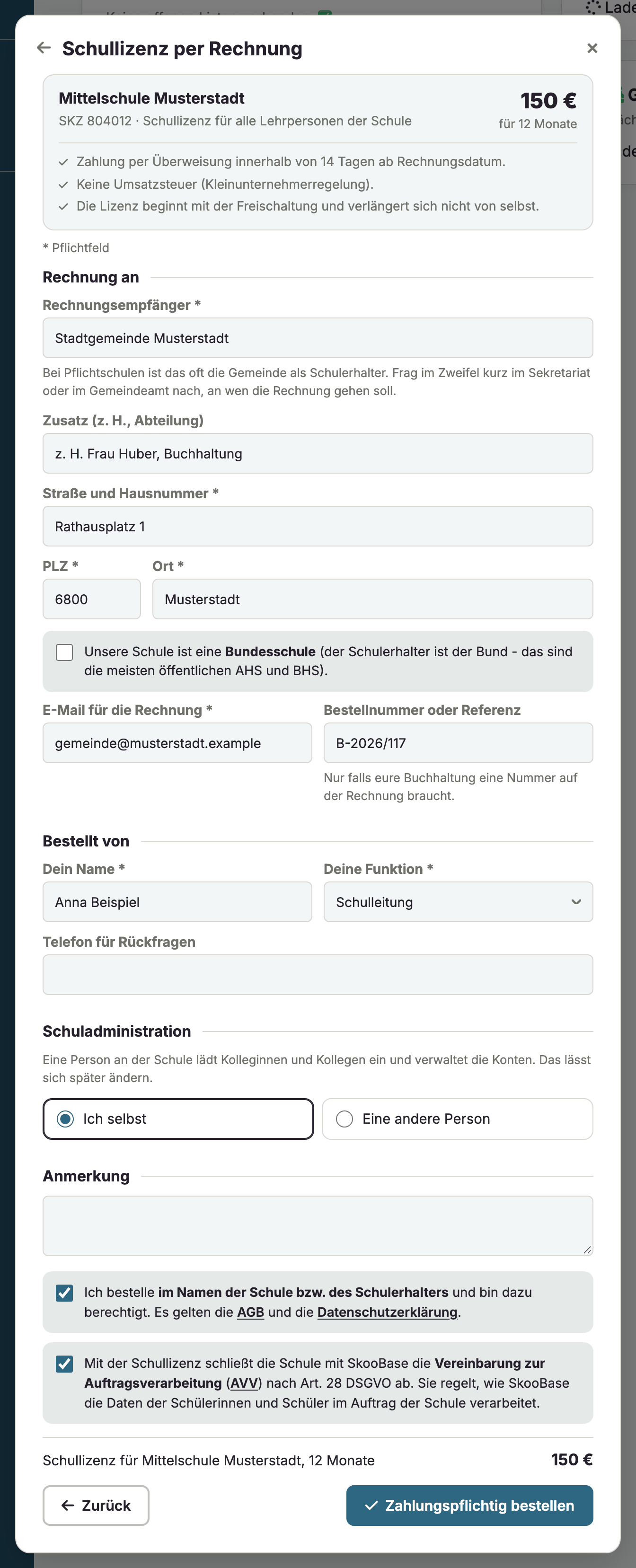 Bestellformular Schullizenz per Rechnung mit Rechnungsempfänger, Anschrift, Schuladministration und den beiden Bestätigungen